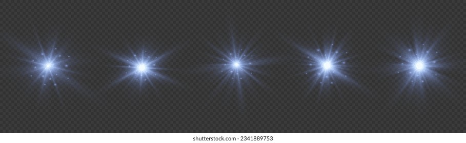 Glow star burst flare explosion light effect isolated on transparent background. Bright sun particles, burning blue lights, stars, lasers. Set of realistic lens flare elements. Vector illustration