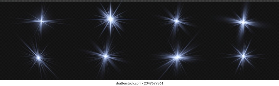 Efecto de la luz de la explosión de la estrella brillante aislado sobre un fondo transparente. Sol brillante con polvo de partículas, luces azules ardientes, estrellas, láseres. Conjunto de elementos vectores de lentes realistas. 