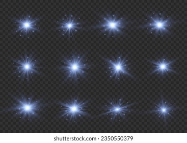Glow star burst flare explosion light effect isolated on transparent background. Bright sun with particles dust, burning blue lights, stars, lasers. Set of realistic lens flare vector elements. 
