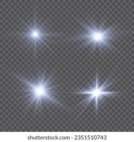 Glow star burst flare explosion light effect isolated on transparent background. Bright sun with particles dust, burning blue lights, stars, lasers. Set of realistic lens flare vector elements. 