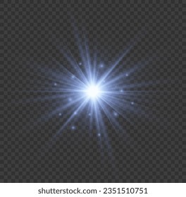 Efecto de la luz de la explosión de la estrella brillante aislado sobre un fondo transparente. Sol brillante con polvo de partículas, luces azules ardientes, estrellas, láseres. Conjunto de elementos vectores de lentes realistas. 