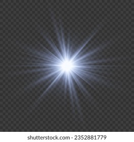 Glow star burst flare explosion light effect isolated on transparent background. Bright sun with particles dust, burning blue lights, stars, lasers. Set of realistic lens flare vector elements. 