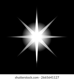 Brillo de la luz de la estrella en el cielo nocturno o luz del flash en el fondo negro, destello de la lente de las luces que destellan del Vector