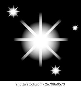 Brilho da luz da estrela cintilante no céu noturno ou luz de flash no fundo preto, Vetor piscando luzes lente flare