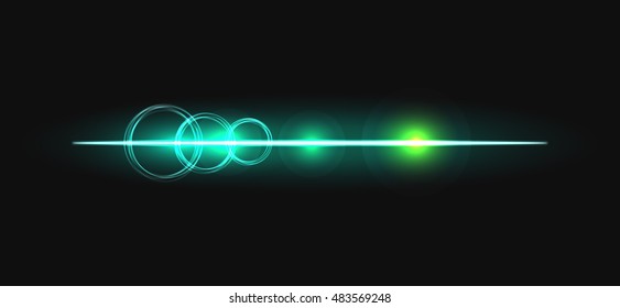Glow stick line with circles vector effect. Luminous neon line beam and flare circles.