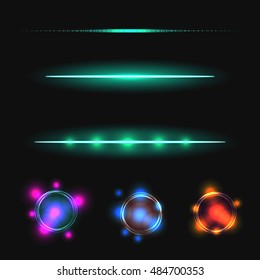 Glow stick line vector effect set. Luminous lines and flare circles.