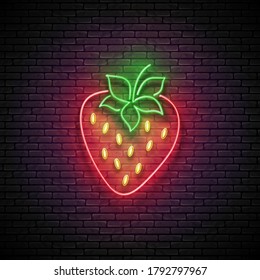 Glow Strawberry, Organic Berry. Fresh Summer Food. Shiny Neon Light Poster, Flyer, Banner. Brick Wall. Vector 3d Illustration