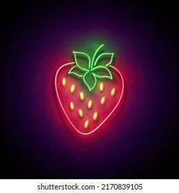 Glow Strawberry, Organic Berry. Fresh Summer Food. Shiny Neon Light Poster, Flyer, Banner. Glossy Background. Vector 3d Illustration