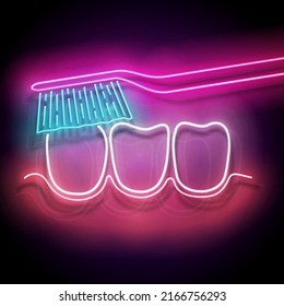 Glow Teeth Cleaning with Toothbrush, Personal Hygiene. Dentist Clinic Concept Template. Neon Light Poster, Flyer, Banner, Signboard. Glossy Background. Vector 3d Illustration