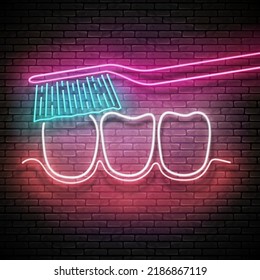 Limpieza de dientes con cepillo de dientes, higiene personal. Plantilla de Concepto Clínico Dentista. Afiche, Volante, Cartel, Cartel. Muro de ladrillo. Ilustración del vector 3d