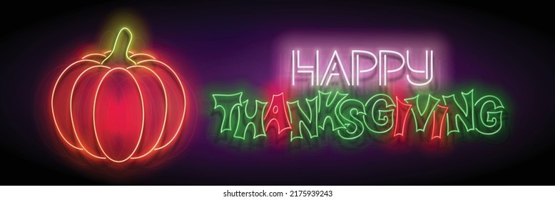 Glow Thanksgiving Greeting Card with Pumpkin and Inscription. Neon Light Fall Plant, Lettering. Shiny Template for Poster, Banner, Invitation. Glossy Background. Vector 3d Illustration