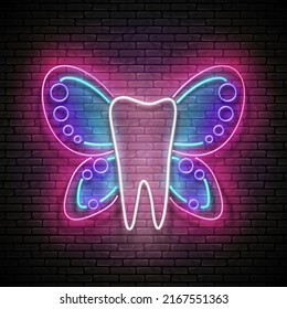 Glow Tooth with Butterfly Wings, Tooth Fairy Concept. Dentist Clinic Template. Neon Light Poster, Flyer, Banner, Signboard. Brick Wall. Vector 3d Illustration