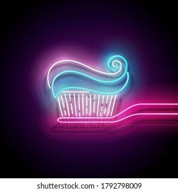Glow Toothbrush with Toothpaste, Personal Hygiene. Dentist Clinic Concept Template. Neon Light Poster, Flyer, Banner, Signboard. Glossy Background. Vector 3d Illustration