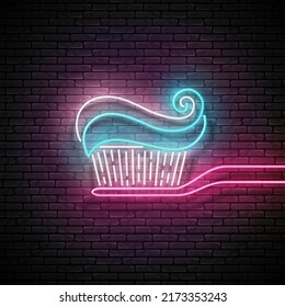Glow Toothbrush with Toothpaste, Personal Hygiene. Dentist Clinic Concept Template. Neon Light Poster, Flyer, Banner, Signboard. Brick Wall. Vector 3d Illustration