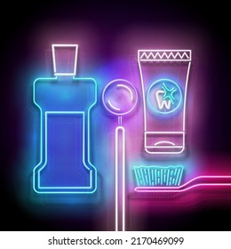 Glow Toothpaste, Toothbrush, Mouthwash Bottle and Dentist Mirror, Personal Care Products. Healthcare Concept. Neon Light Poster, Flyer, Banner, Signboard. Glossy Background. Vector 3d Illustration