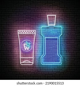 Glow Toothpaste Tube and Mouthwash Bottle, Personal Care Product. Healthcare Concept Template. Neon Light Poster, Flyer, Banner, Signboard. Brick Wall. Vector 3d Illustration