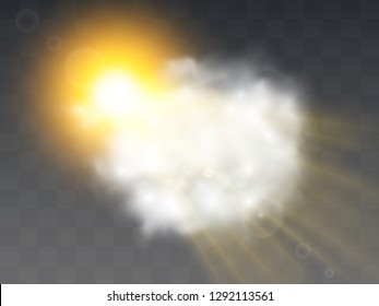 Glow transparent vector light effect set, explosion, glitter, spark, sun flash. Fog or smoke isolated transparent special effect. White cloudiness, mist or smog background.