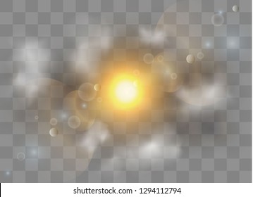 Glow transparent vector light effect set, explosion, glitter, spark, sun flash. Fog or smoke isolated transparent special effect. White cloudiness, mist or smog background.