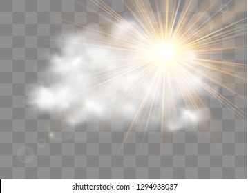 Glow transparent vector light effect set, explosion, glitter, spark, sun flash. Fog or smoke isolated transparent special effect. White cloudiness, mist or smog background.