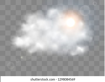 Glow transparent vector light effect set, explosion, glitter, spark, sun flash. Fog or smoke isolated transparent special effect. White cloudiness, mist or smog background.
