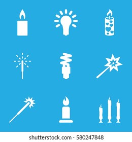 glow vector icons. Set of 9 glow filled icons such as candle, sparklers, sparkler, light bulb