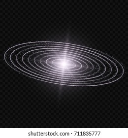 glow vector light effect, galaxy with planet orbit circles shining halo. Decorative glittering sparkles, stardust