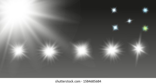 Glow white light effect set, lens flare, explosion, glitter, line, sun flash, spark and stars. Abstract special effect element design.