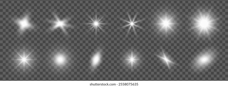 Glow White light effects, burst, glitter, stars, flashes, sparks. Isolated silver light effects. Light elements on Transparent background. Silver light flashes in PNG format. Vector illustration.