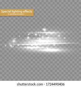 Glow white line on transparent background, horizontal light rays, flash white horizontal lens flares pack, laser beams, beautiful light flare, bright gold glare, vector illustration, eps 10. 