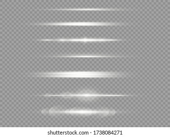 Glow white line on transparent background, horizontal light rays, flash white horizontal lens flares pack, laser beams, beautiful light flare, bright gold glare, vector illustration, eps 10. 