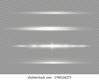 Glow white line on transparent background, horizontal light rays, flash white horizontal lens flares pack, laser beams, beautiful light flare, bright gold glare, vector illustration, eps 10. 