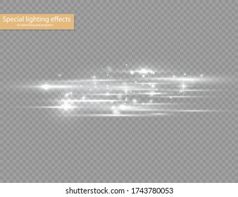 Glow white line on transparent background, horizontal light rays, flash white horizontal lens flares pack, laser beams, beautiful light flare, bright gold glare, vector illustration, eps 10. 