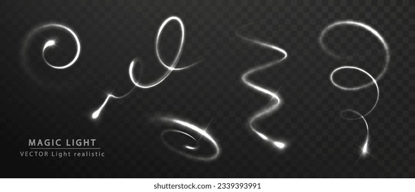 Glow white magic spiral light. Comet with motion trail vector set. Falling christmas star. Wavy flying speed lines. Realistic trail of light.