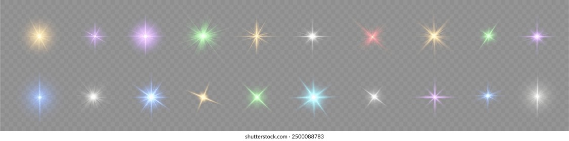 Glow white star sparks, sun light, flash sparkles