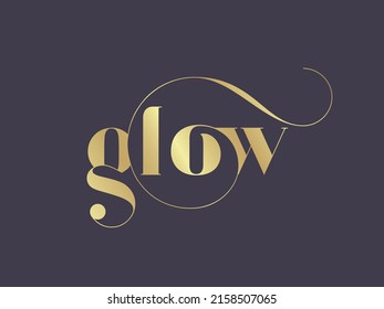 Glow word mark logo. Shiny gold text. Luxury, decorative lowercase lettering. Typography concept. Beauty and style creative initials isolated on dark background.	