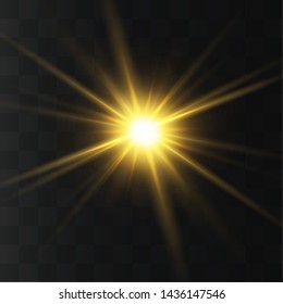 Glow yellow isolated white transparent light effect set, lens flare, explosion, glitter, line, sun flash, spark and stars.
