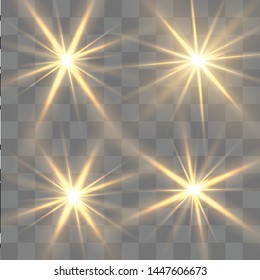 Glow yellow isolated white transparent light effect set, lens flare, explosion, glitter, line, sun flash, spark and stars.
