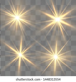 Glow yellow isolated white transparent light effect set, lens flare, explosion, glitter, line, sun flash, spark and stars.