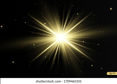 Glow yellow light effect set, lens flare, explosion, glitter, line, sun flash, spark and stars. Abstract special effect element design.