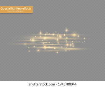 Glow yellow line on transparent background, flash yellow horizontal lens flares pack, horizontal light rays, laser beams, beautiful light flare, bright gold glare, vector illustration, eps 10. 