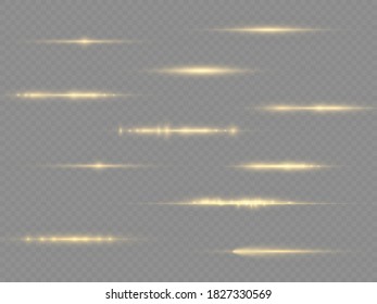 Glow yellow line on transparent background, flash yellow horizontal lens flares pack, laser beams, bright gold glare, beautiful light flare, horizontal light rays, vector illustration, eps 10. 