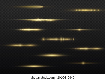 Glow yellow line on transparent background, beautiful light flare, horizontal light rays, laser beams, bright gold glare, flash yellow horizontal lens flares pack, vector illustration, eps 10. 