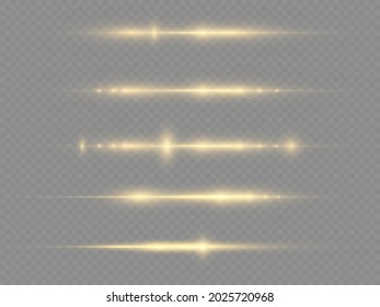 Glow yellow line on transparent background, laser beams, bright gold glare, beautiful light flare, horizontal light rays, flash yellow horizontal lens flares pack, vector illustration, eps 10. 