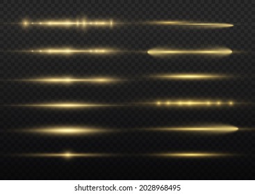 Glow yellow line on transparent background, laser beams, bright gold glare, beautiful light flare, horizontal light rays, flash yellow horizontal lens flares pack, vector illustration, eps 10. 