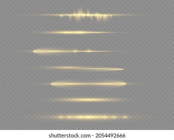 Glow yellow line on transparent background, laser beams, bright gold glare, beautiful light flare, horizontal light rays, flash yellow horizontal lens flares pack, vector illustration, eps 10. 