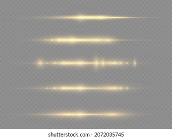 Glow yellow line on transparent background, laser beams, bright gold glare, beautiful light flare, horizontal light rays, flash yellow horizontal lens flares pack, vector illustration, eps 10. 