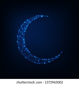 Glowimg low polygonal crescent moon made of stars, lines as a starry sky on darl blue night background. Futuristic wireframe design vector illustration.