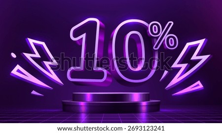 Glowing 10 discount with neon lightning on a dark stage. Modern sale promotion. Vector illustration.