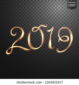 Glowing 2019 on transparent background, Abstract light speed motion effect