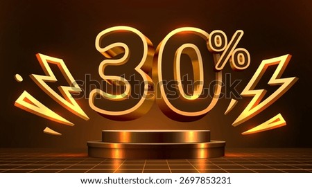 Glowing 30 discount with neon lightning on a dark stage. Modern sale promotion. Vector illustration.